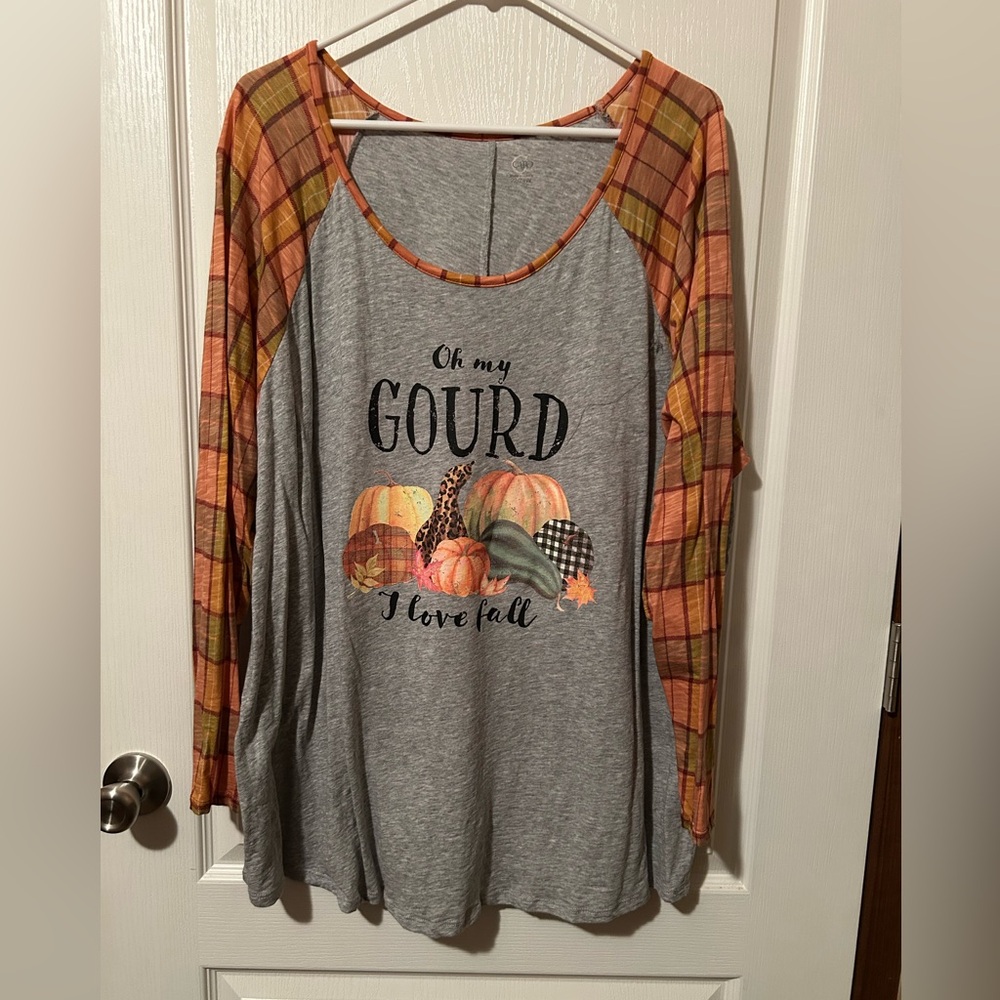Cato Gray and Orange Plaid Sleeve Fall Top